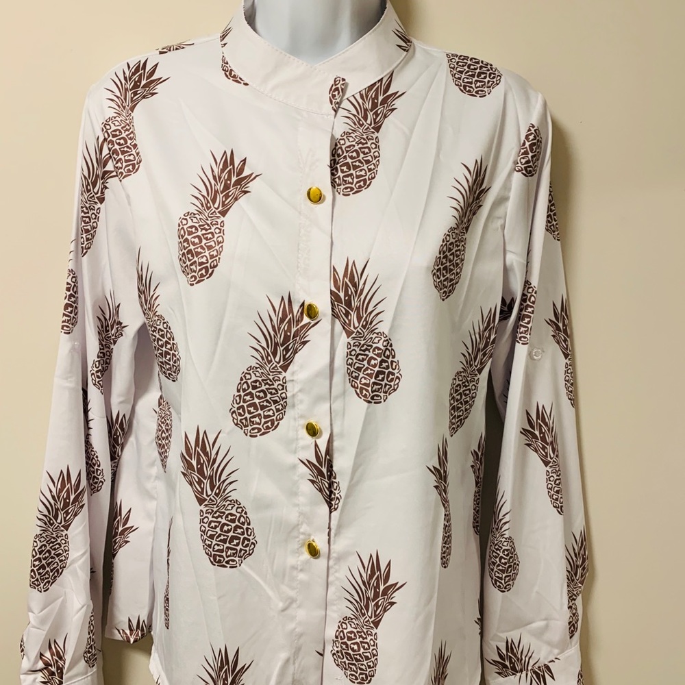 Mandarin Collar Blouse  Pineapple Print Sz M NWOT